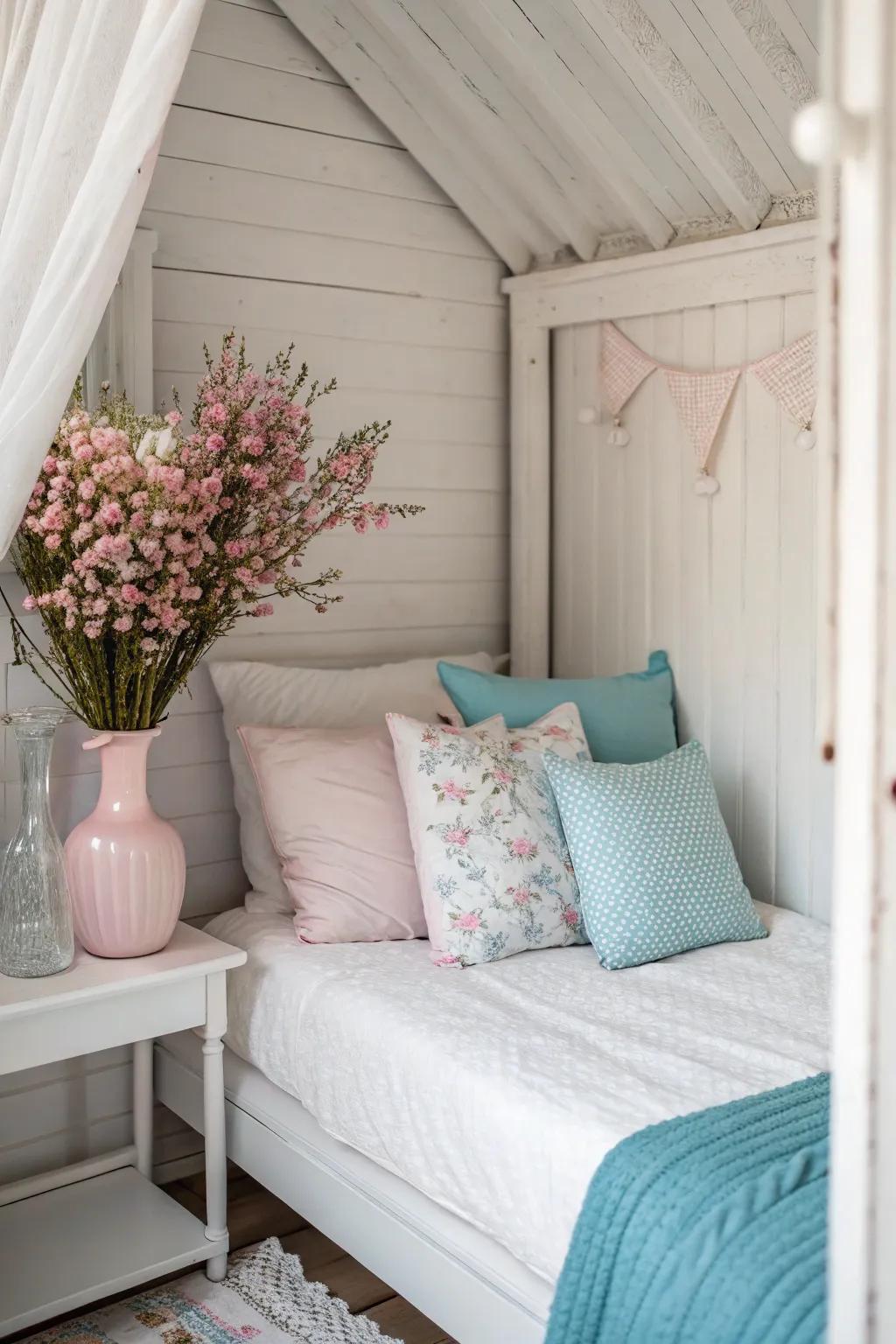 Subtle color accents bring life to a small white bedroom.