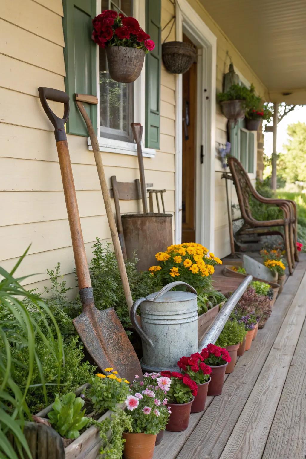 A garden-themed porch showcasing personal hobbies.