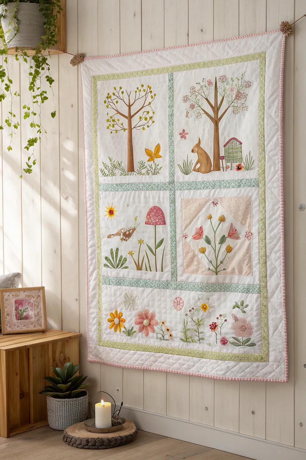 Embrace the beauty of spring with this exquisite patchwork quilt, where every stitch tells a story.