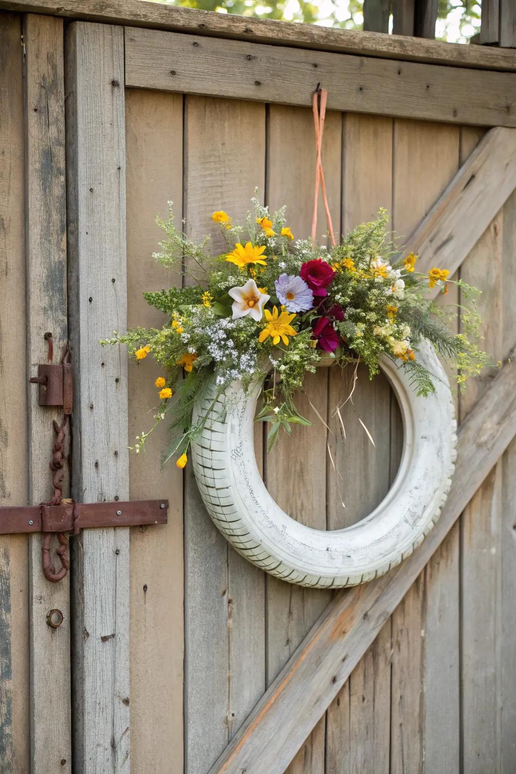 A rustic farmhouse tire wreath that adds country charm.