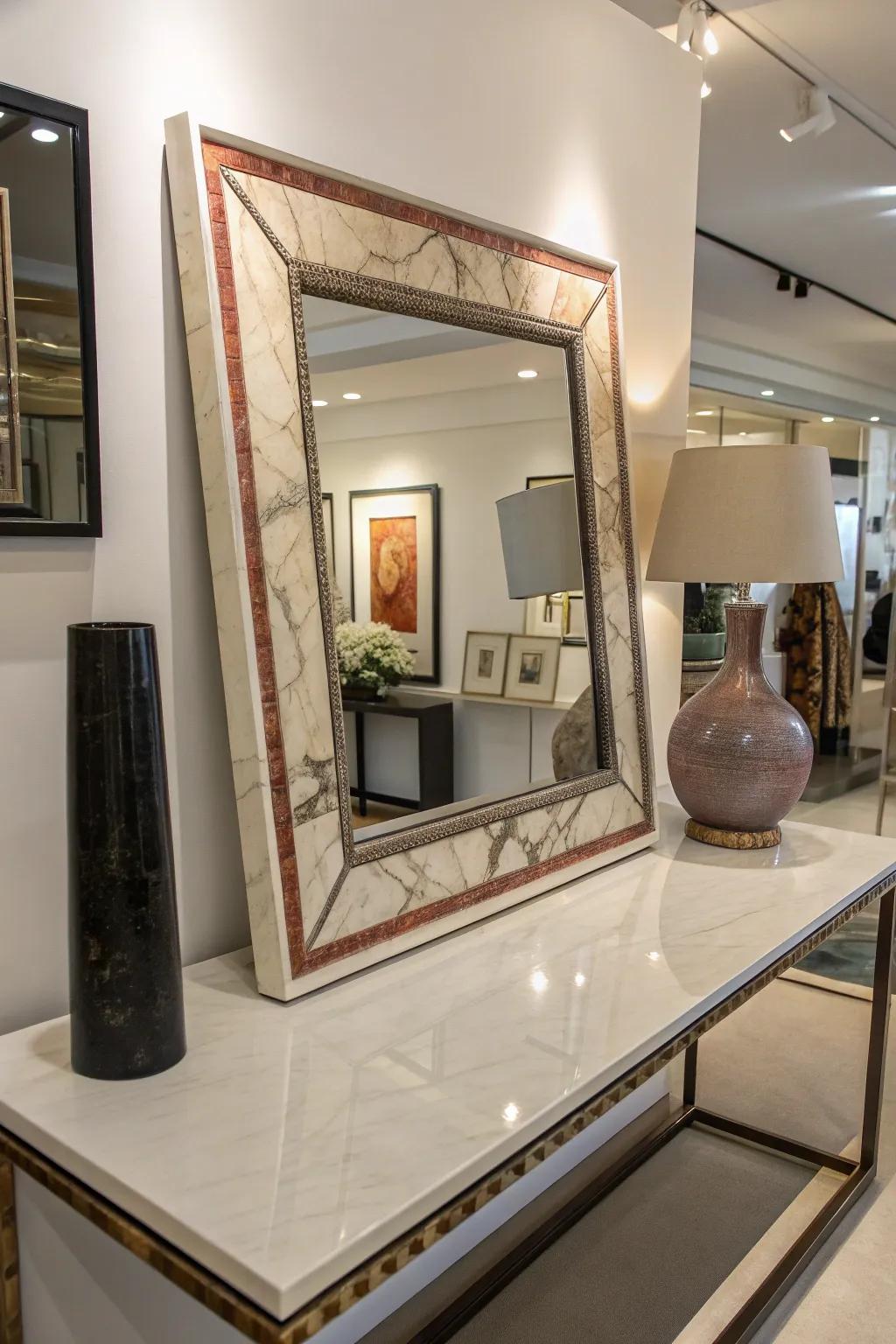 Add a unique touch with a marbled frame mirror.