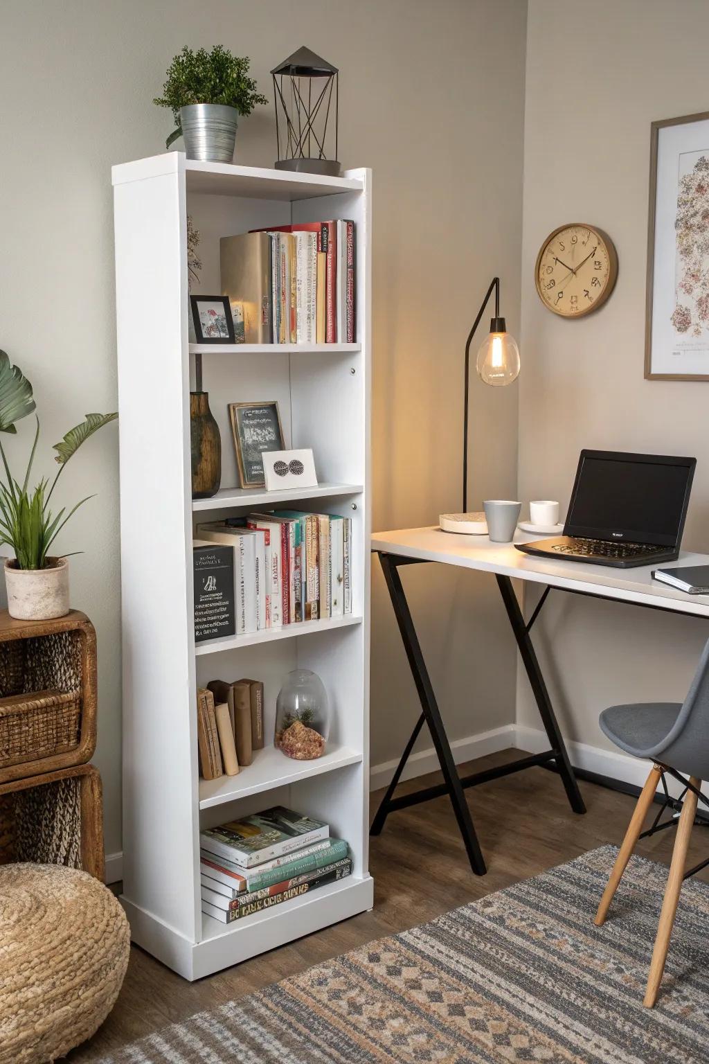 Vertical bookcases utilize space efficiently, adding style and storage.