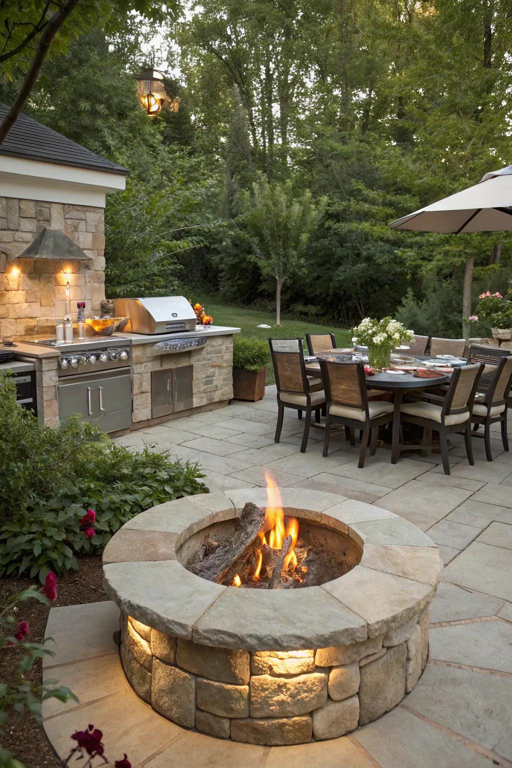 Outdoor kitchen and fire pit create a perfect entertaining space.