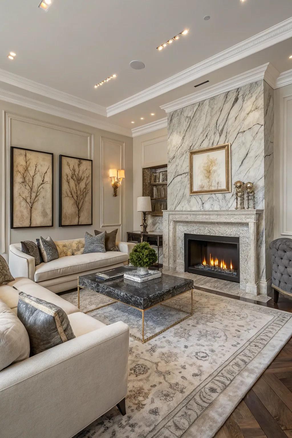 Marble elements add elegance and luxury to this stone fireplace design.