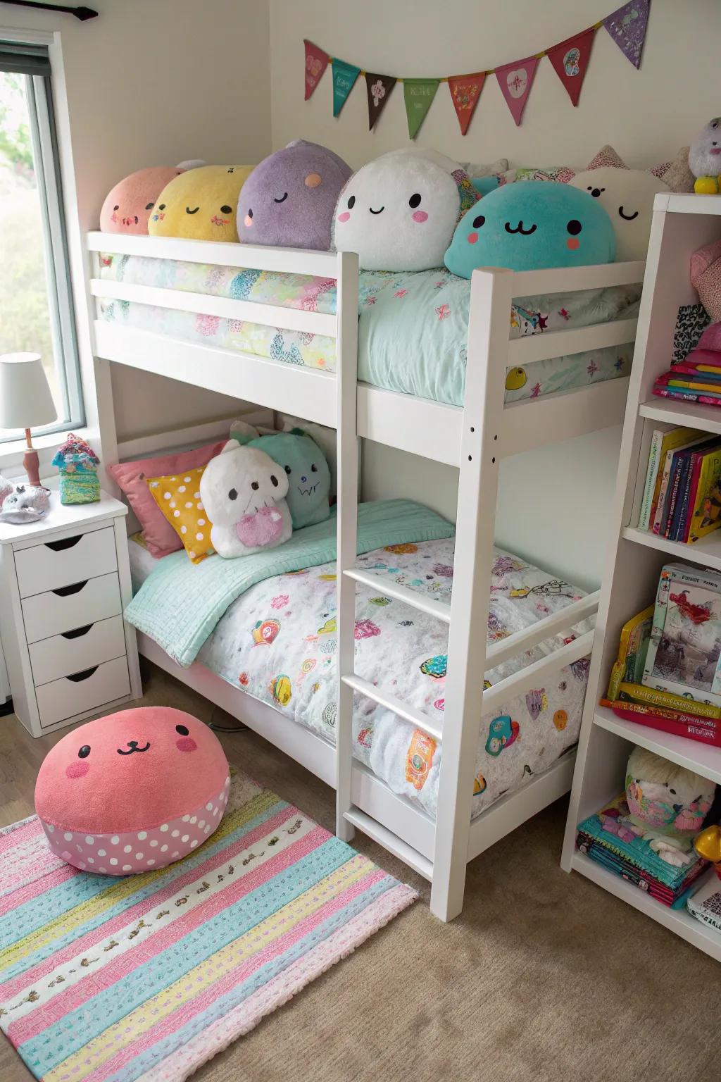 A bunk bed dedicates space to create a cozy corner for Squishmallows.