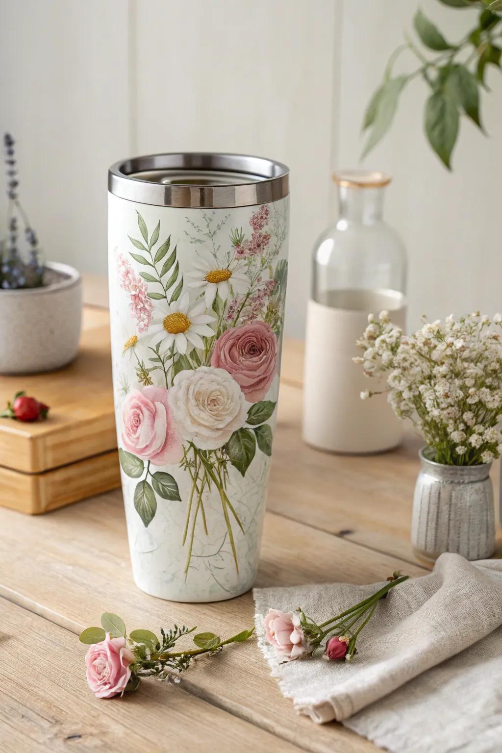 Carry a garden with you: Delicate floral designs on a minimalist tumbler.