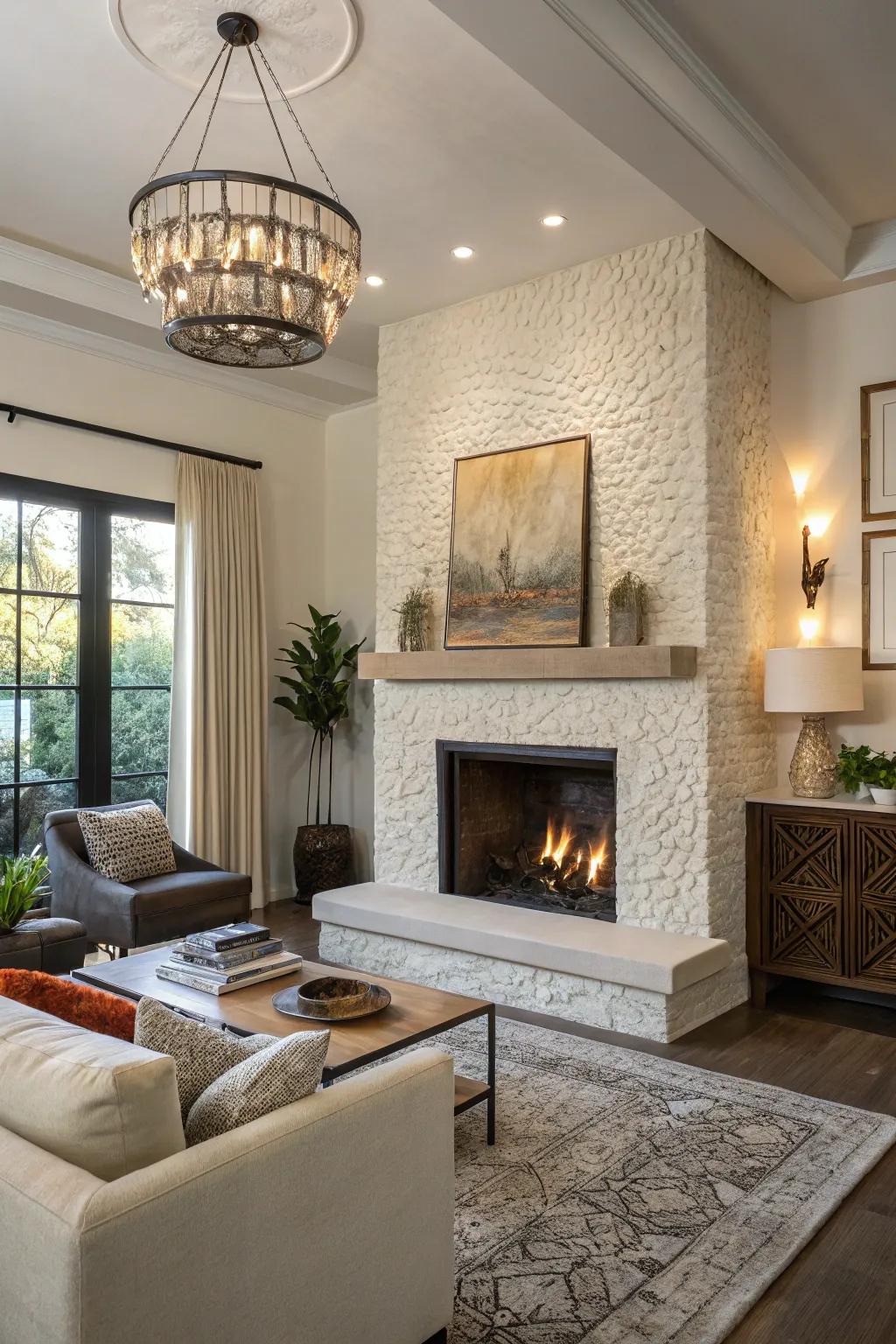 Layered stucco adds depth and creates an artful fireplace masterpiece.