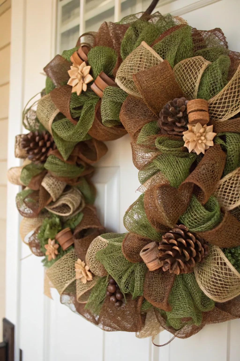 A rustic retreat mesh wreath that offers a warm welcome.