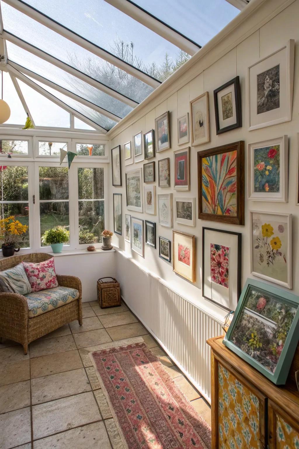 An eclectic art gallery within a sunroom, displaying a collection of diverse artworks.