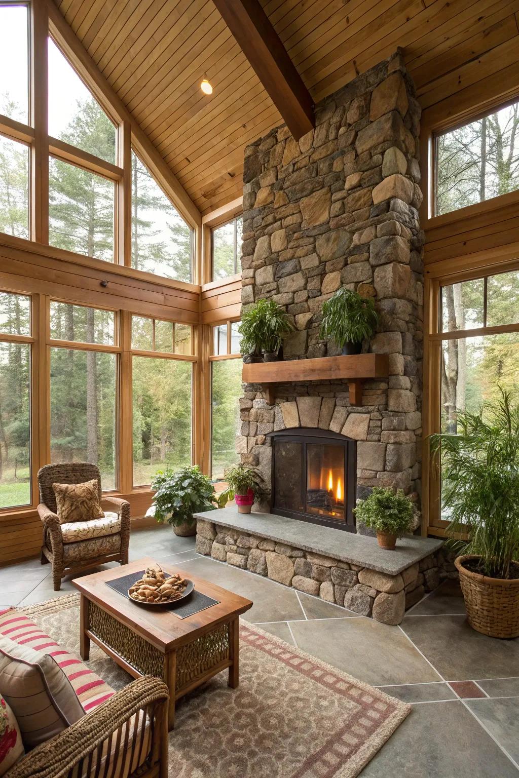 A fireplace with natural stone veneer, adding earthy appeal to a sunroom.