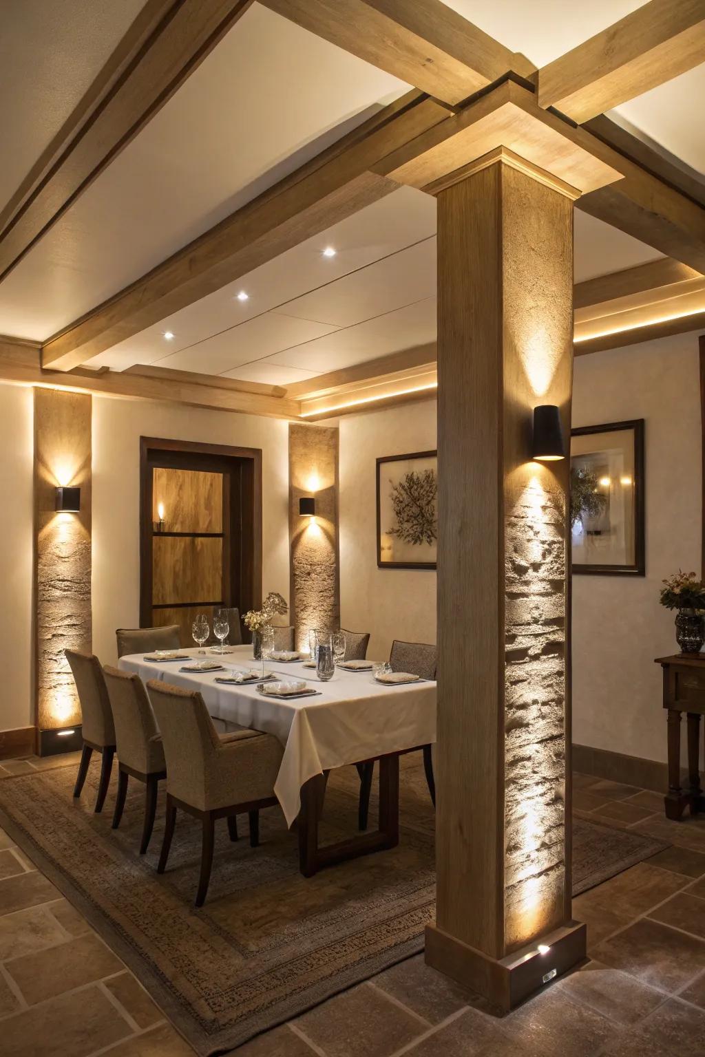 Dining room with uplighting emphasizing the beauty of beams.