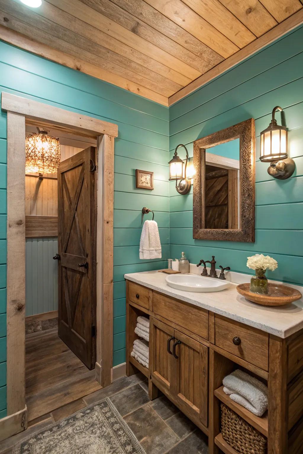 A bathroom with teal shiplap walls for a modern farmhouse aesthetic.