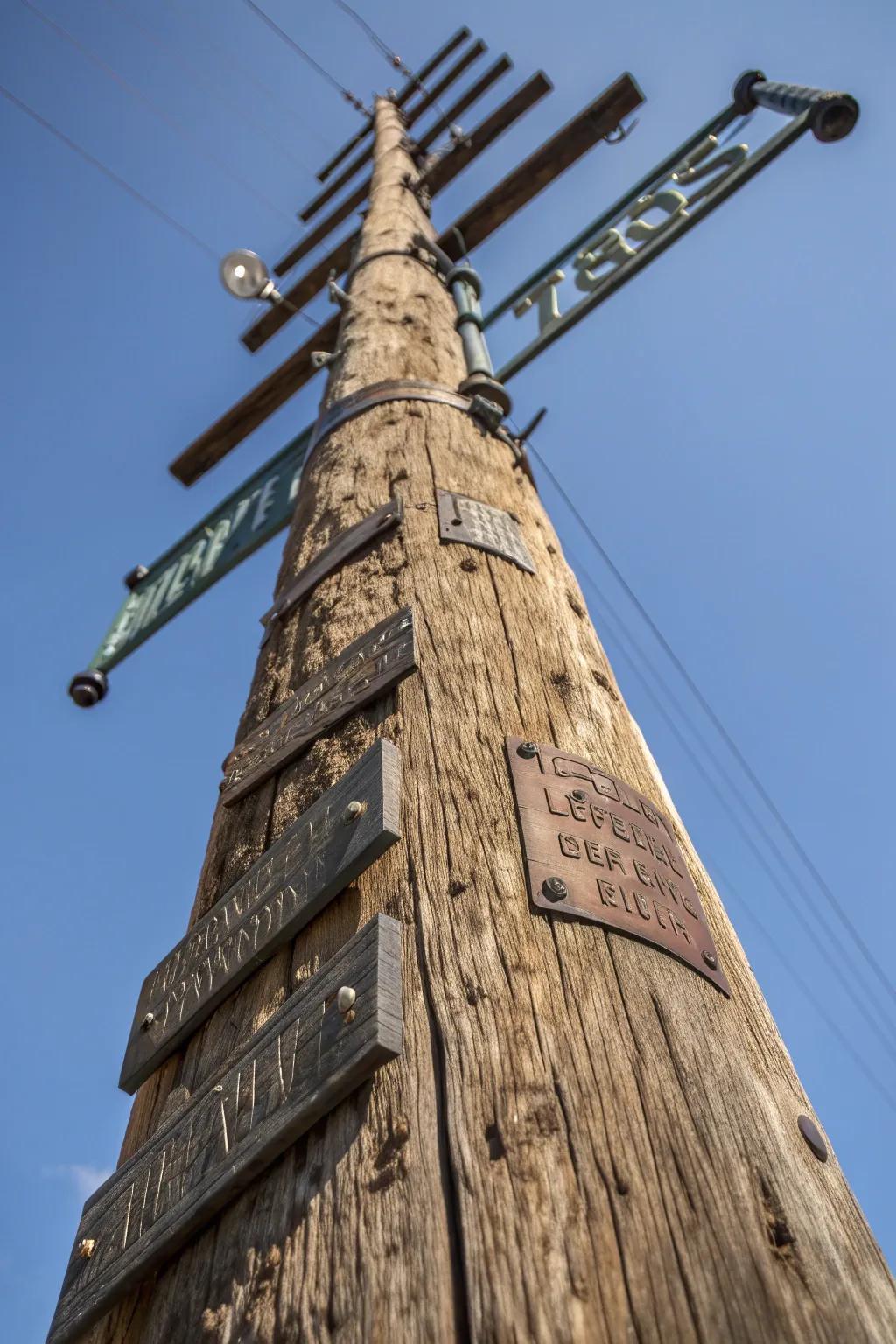 Transform your space with a custom street sign post crafted from an old telephone pole—where vintage charm meets personalized style.