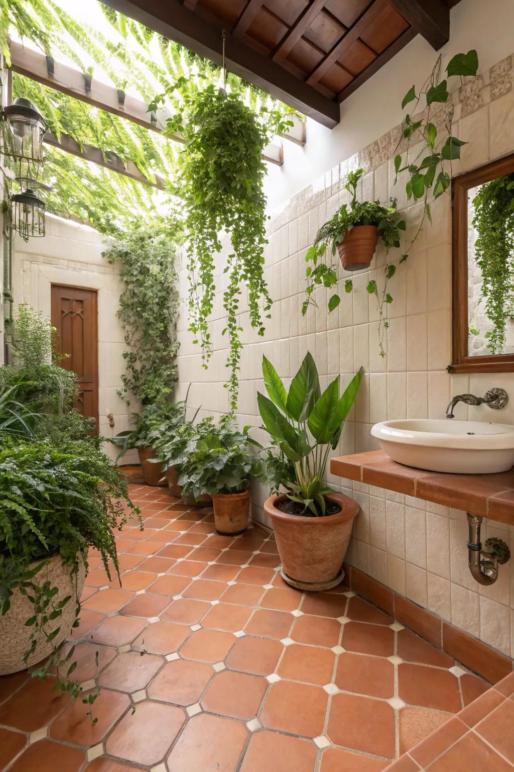 Lush greenery complements the earthy tones of terra cotta.