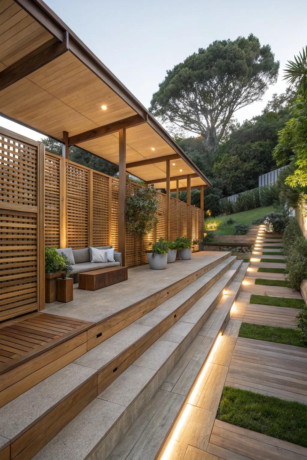 Privacy screens create an intimate and secluded atmosphere on a tiered patio.