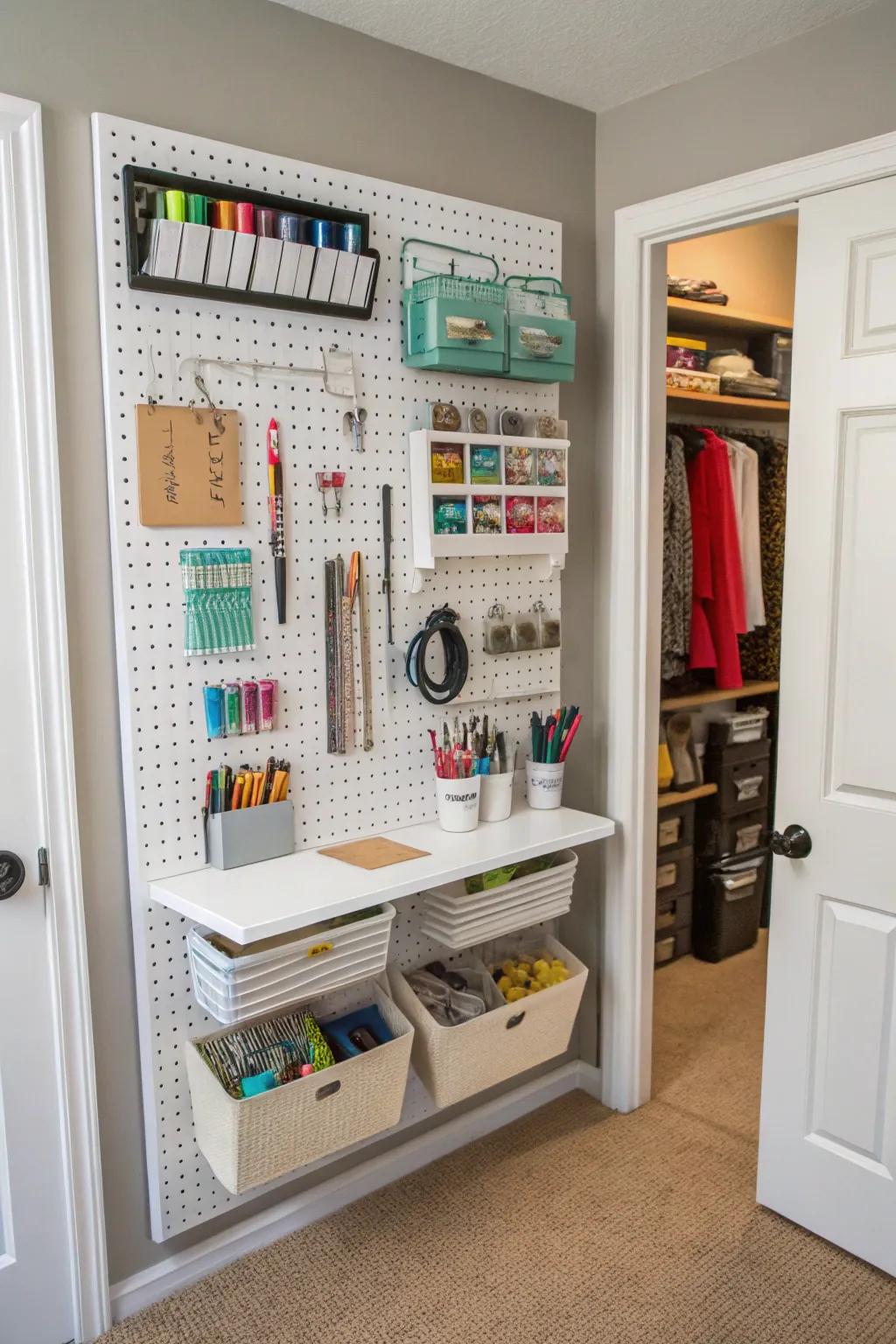 A pegboard organizer keeps your office supplies within easy reach.