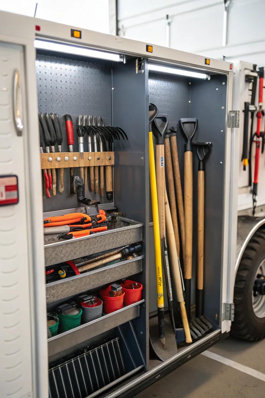 A tool rack for long-handled tools in a tool crib.