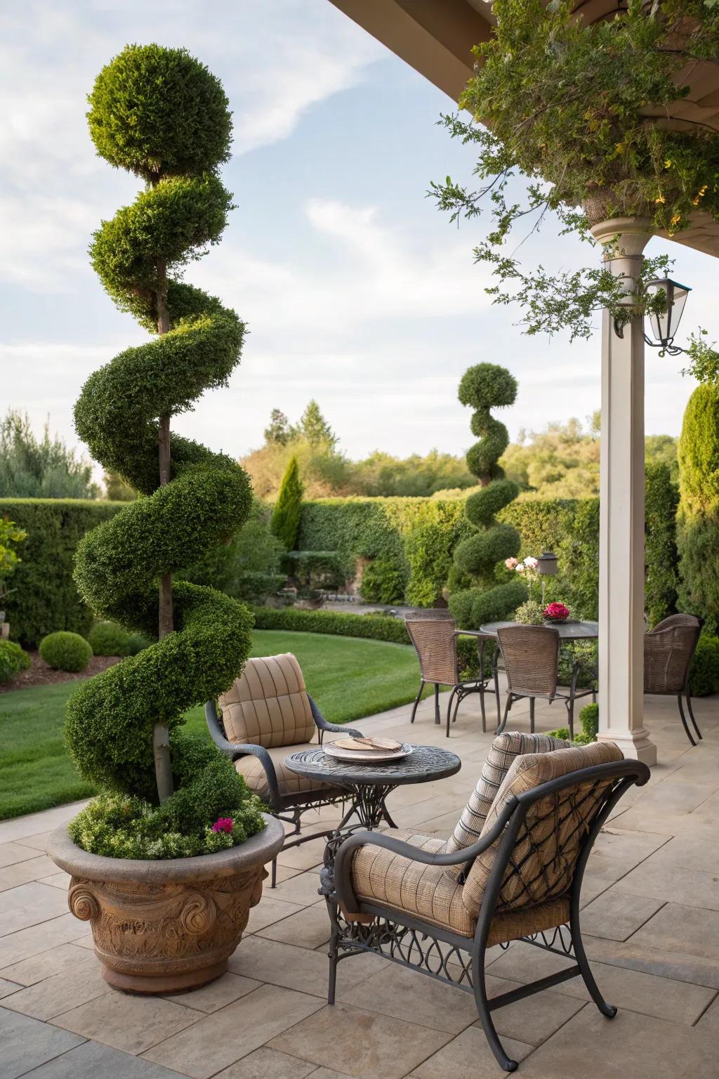 Playful spiral topiary adding a creative touch to a garden patio.