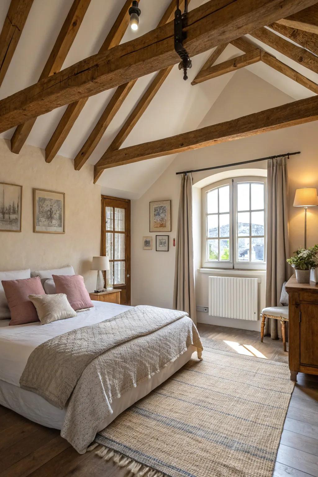 Architectural features like beams add character and depth to this townhouse bedroom.