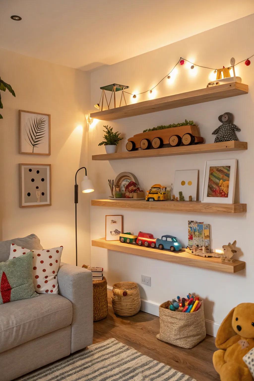 Artistic toy displays add a playful touch to decor.