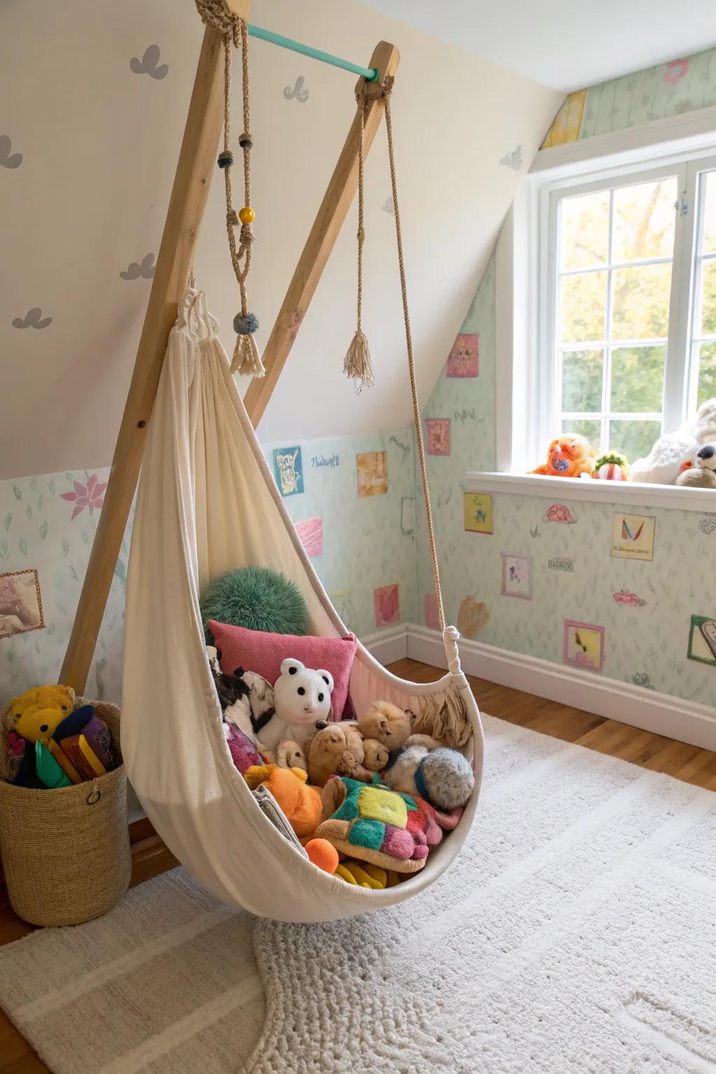 Toy hammock for playful and organized plush toy storage.