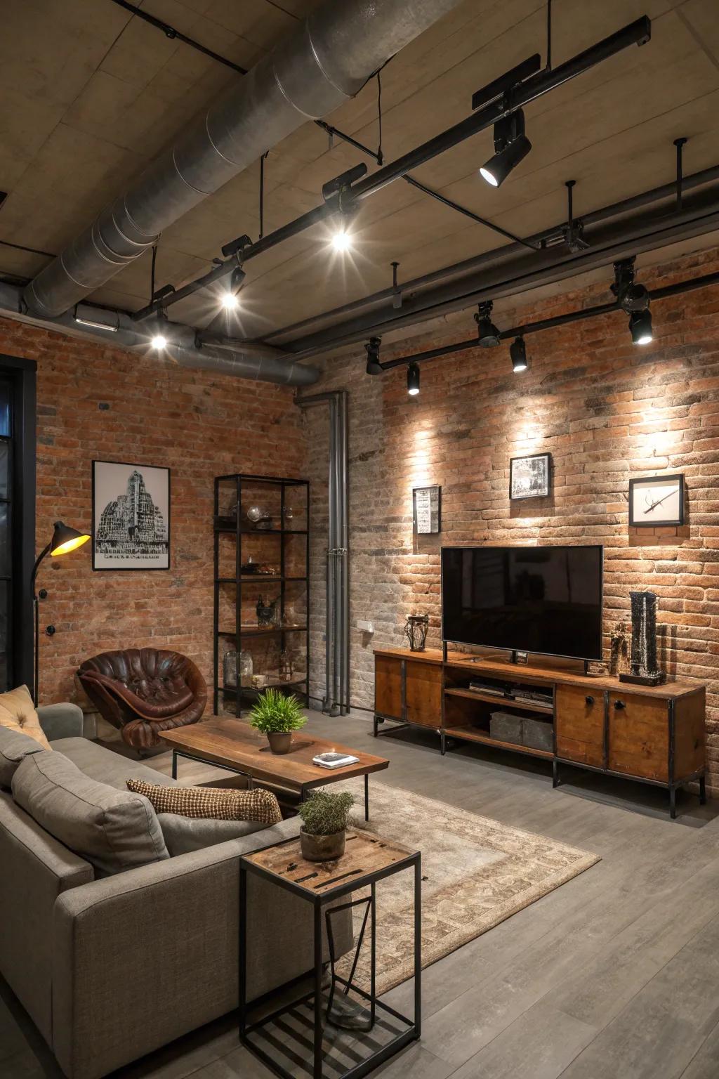 Track lighting enhancing an industrial-style living room.