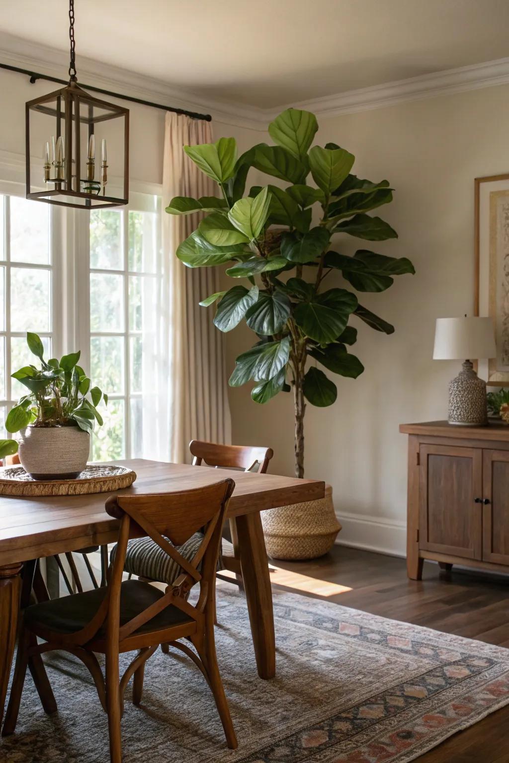 Greenery like a fiddle leaf fig adds freshness and life to the dining room.