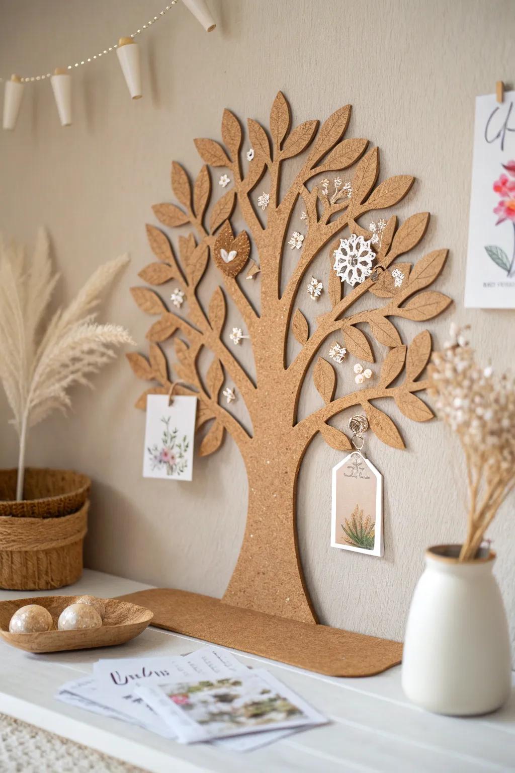 Transform your space with a cork board tree that blends minimalist elegance with natural beauty.