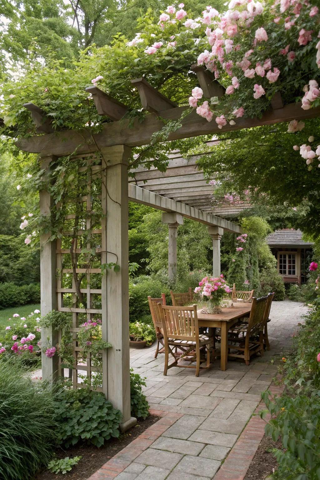 A trellis arbor combined with a pergola creates an outdoor room.