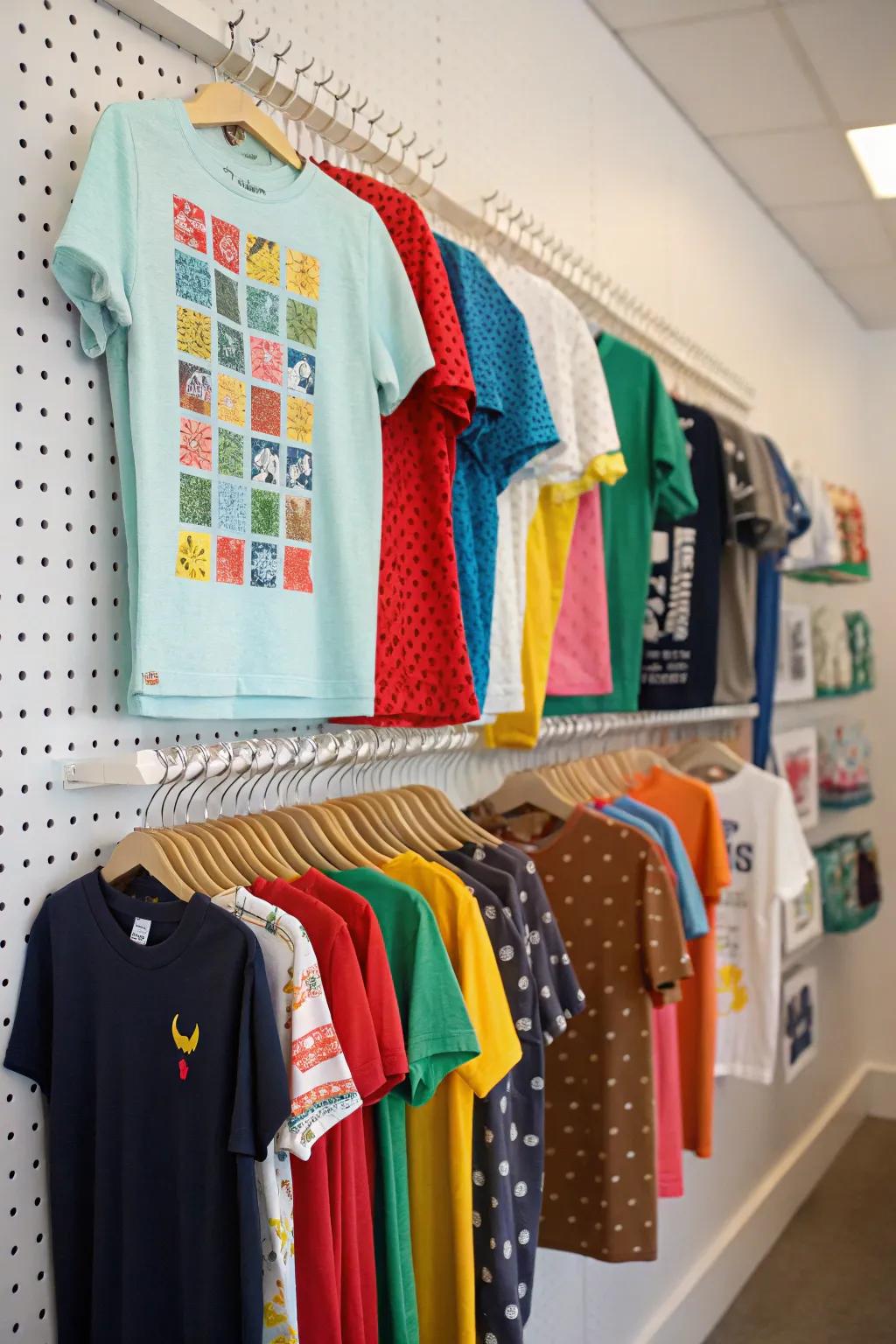 T-shirts organized on a DIY pegboard setup.