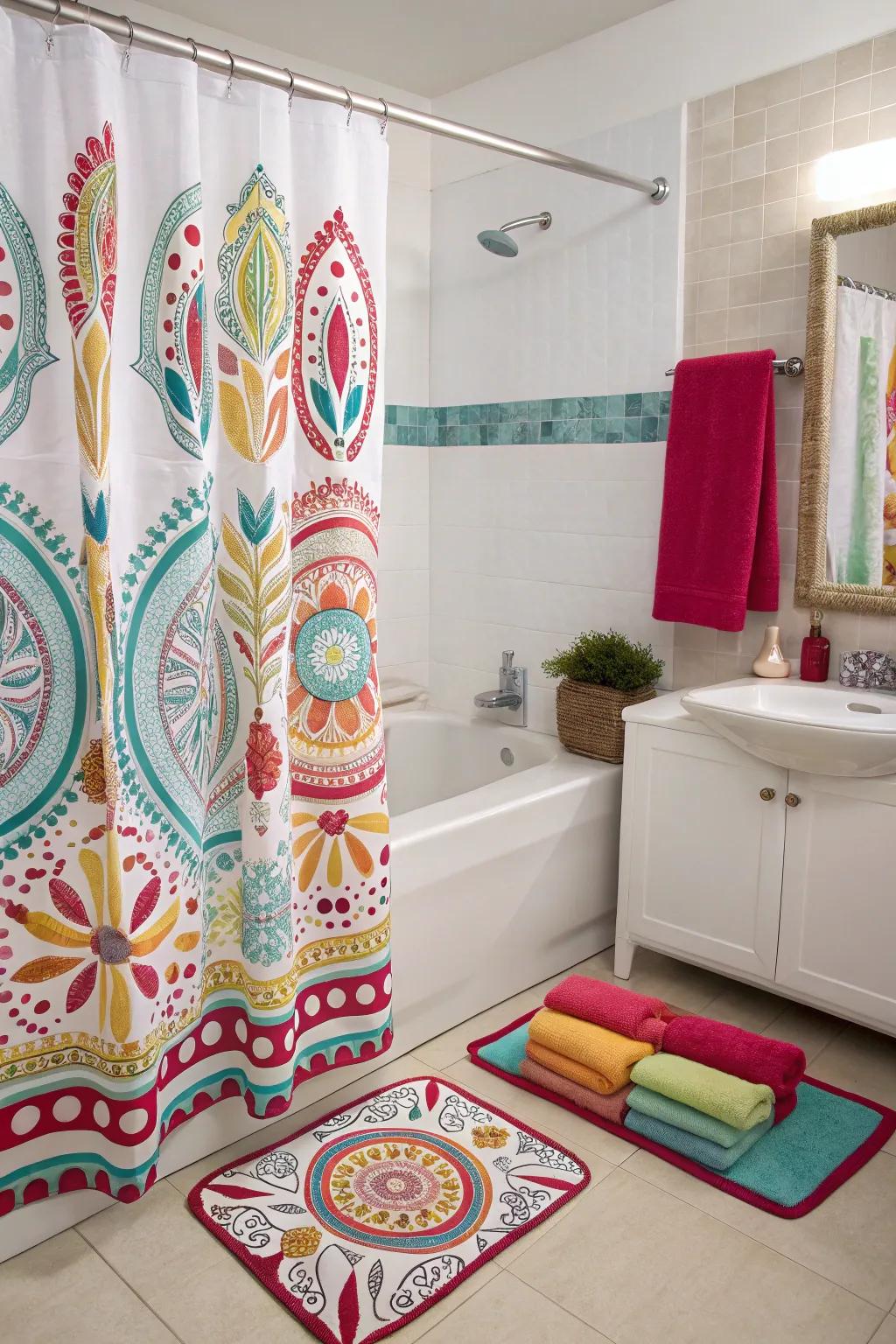 Add flair with a decorative shower curtain.