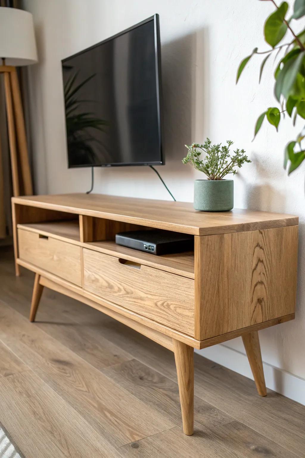 Discover the beauty of simplicity with a touch of hidden functionality. This minimalist TV riser perfectly blends Scandinavian elegance with Boho charm.