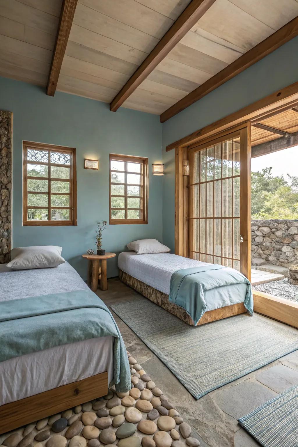 A Zen retreat offers peace in the twin bedroom.