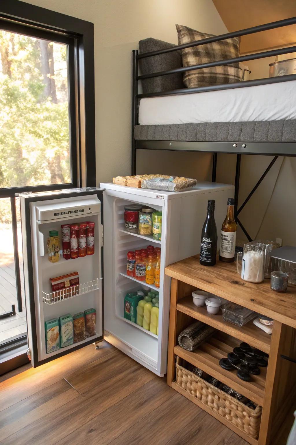 A convenient snack bar under a loft bed.