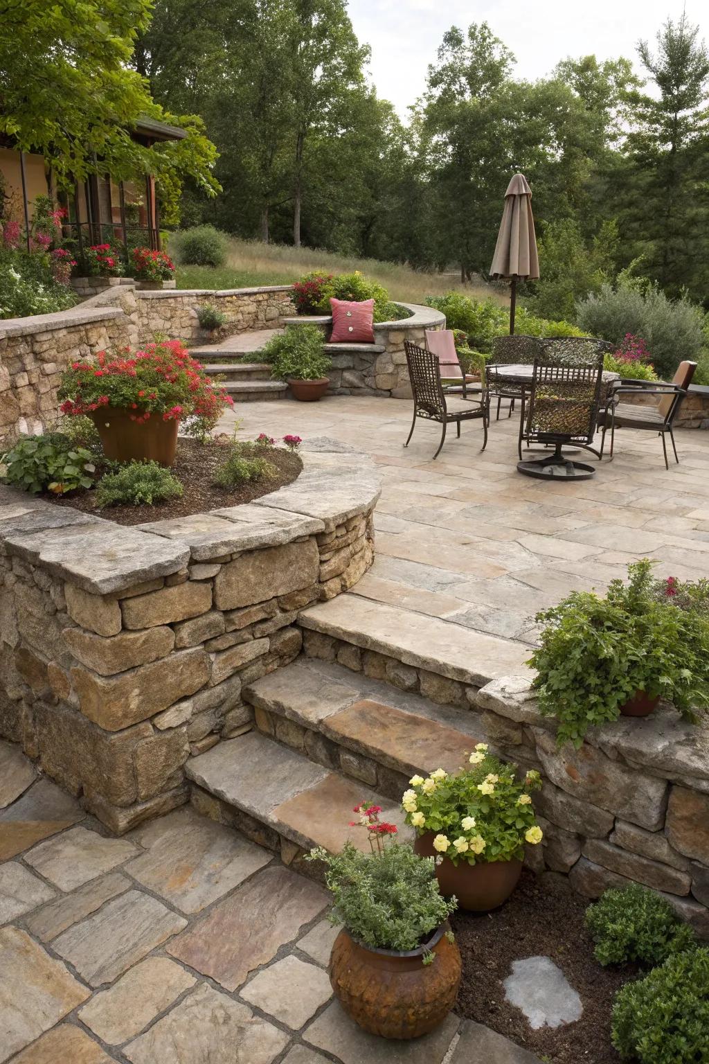 Rustic stone walls define spaces and add earthy appeal to uneven patios.