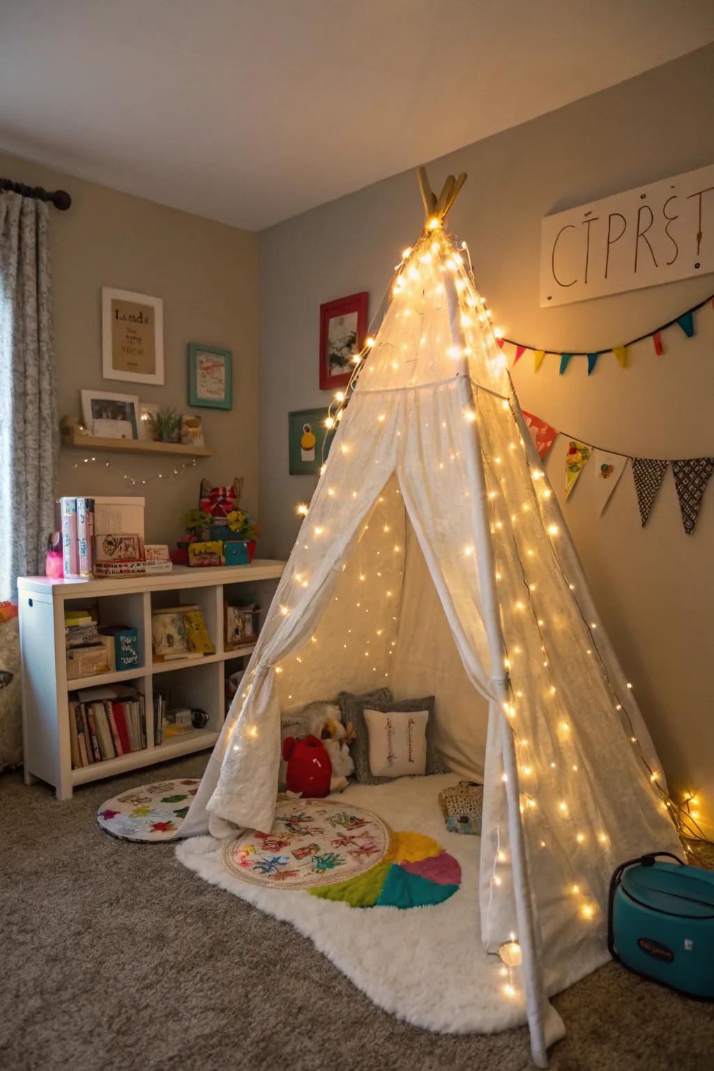 A play tent with fairy lights creates a magical retreat.