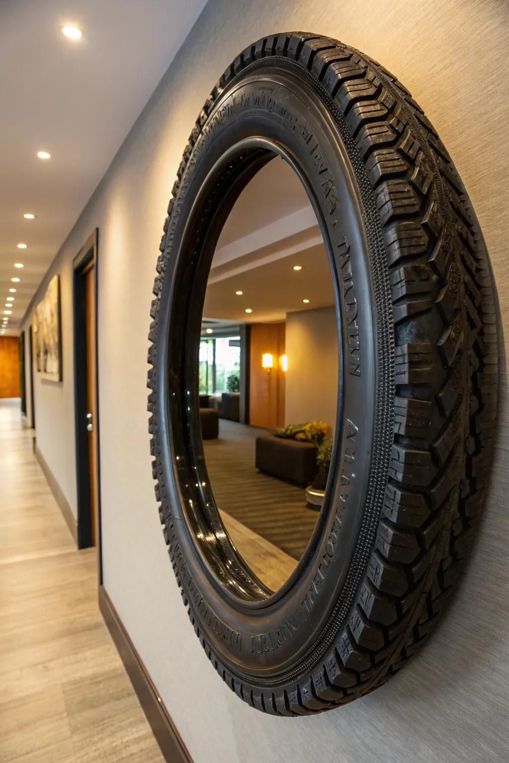 Bold elegance meets craftsmanship: A tire transformed into a striking mirror frame.
