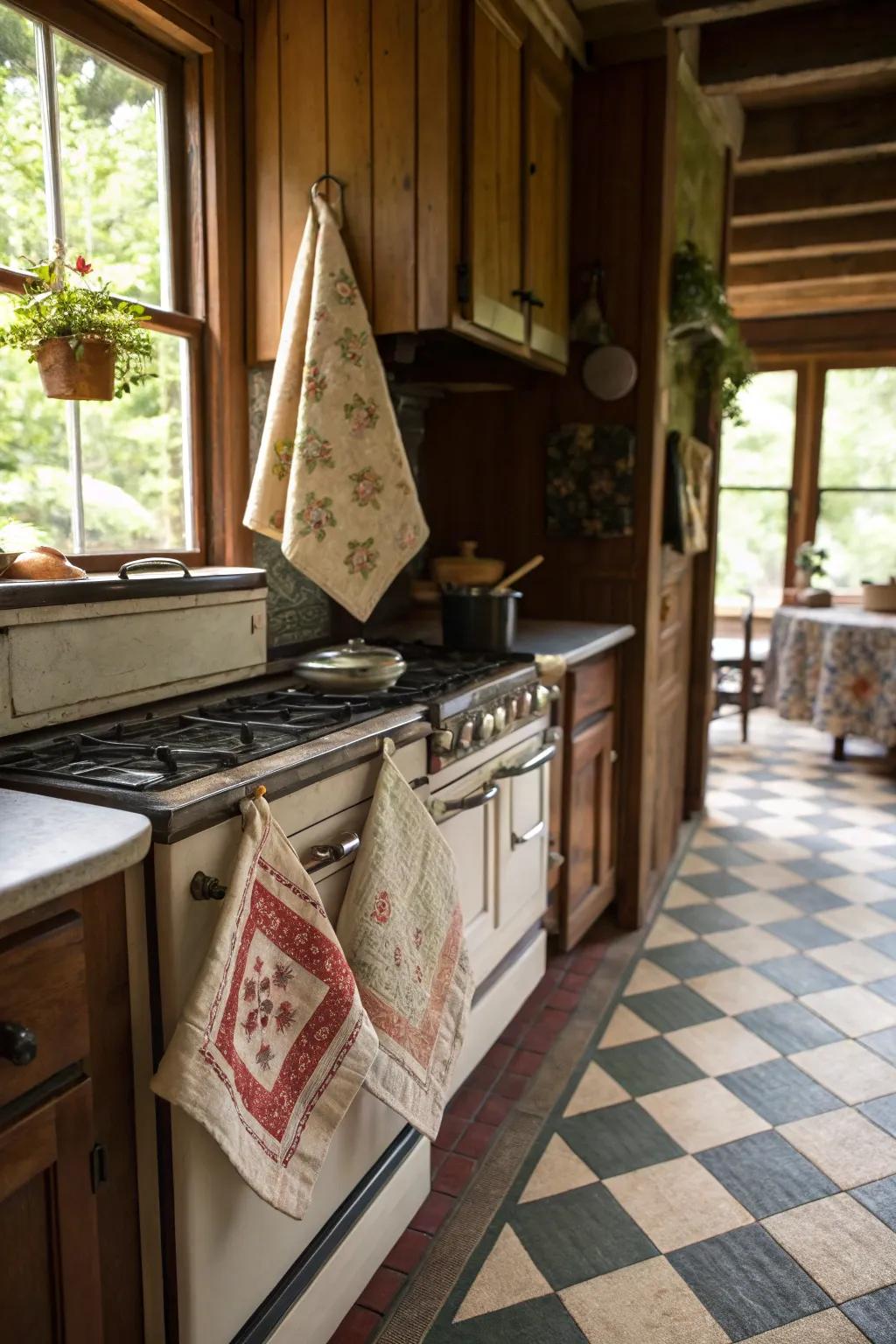 Add warmth to your kitchen with vintage linen pot holders.