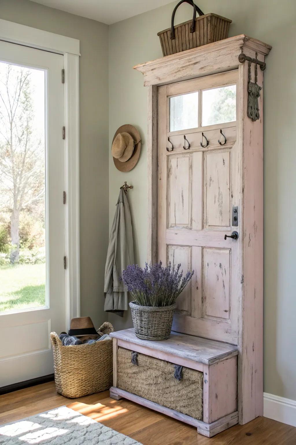 Embrace the charm of upcycling with this elegant old door hall tree, where simplicity meets natural beauty.