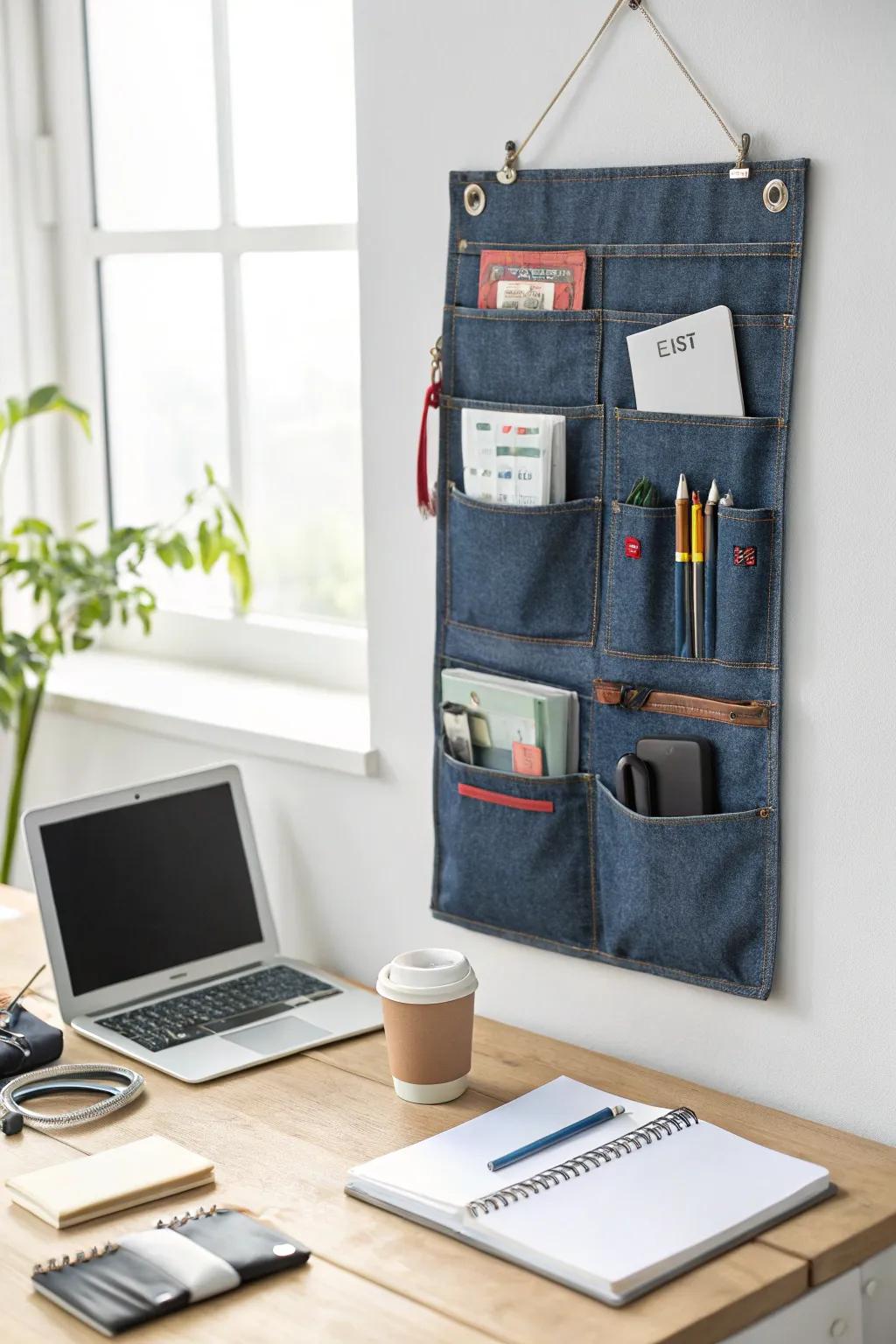 Keep your workspace organized with a practical denim pocket organizer.