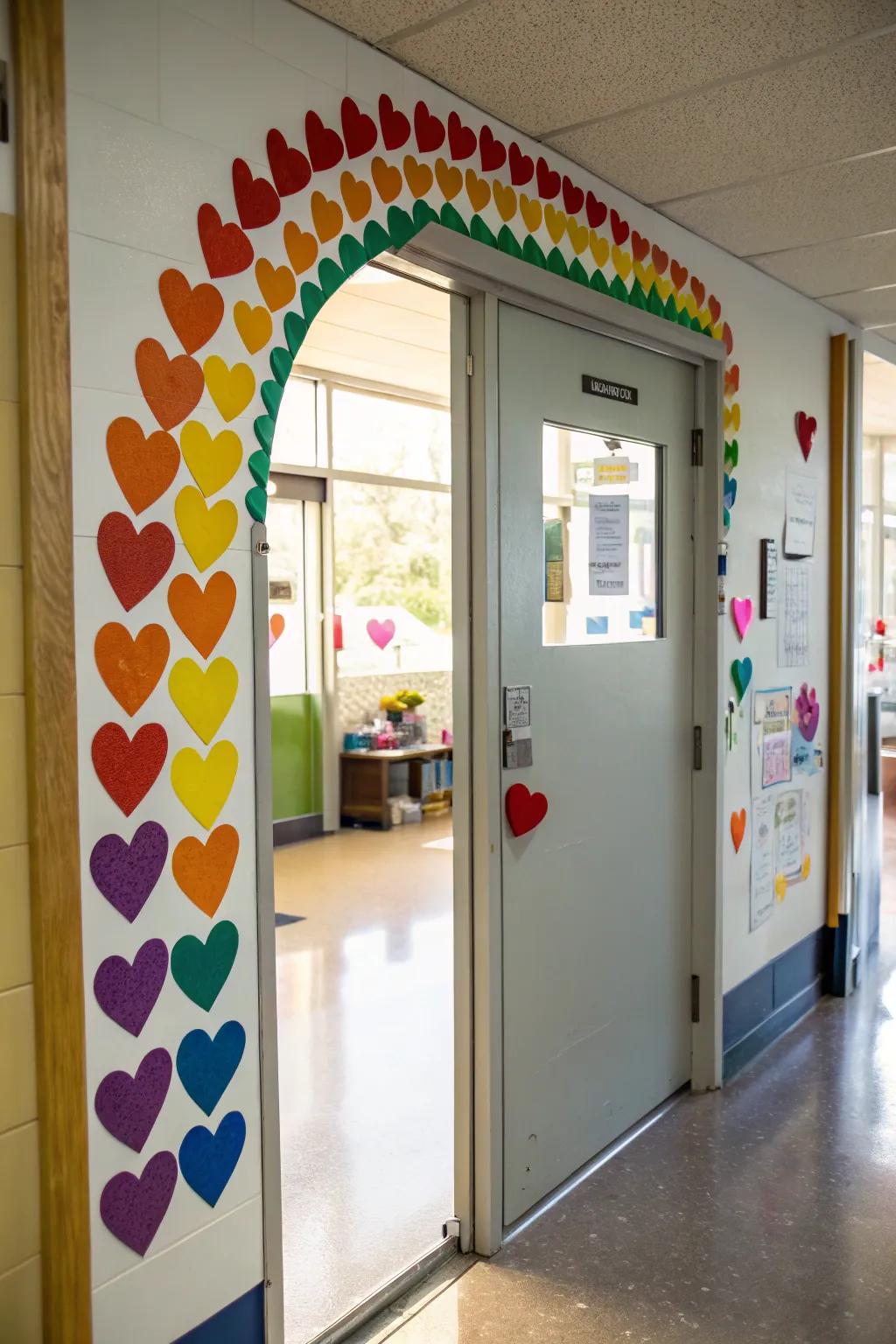 A rainbow of hearts celebrates diversity and unity in the classroom.