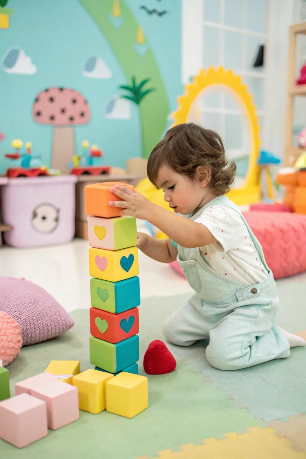 Heart-shaped blocks inspire creative building.