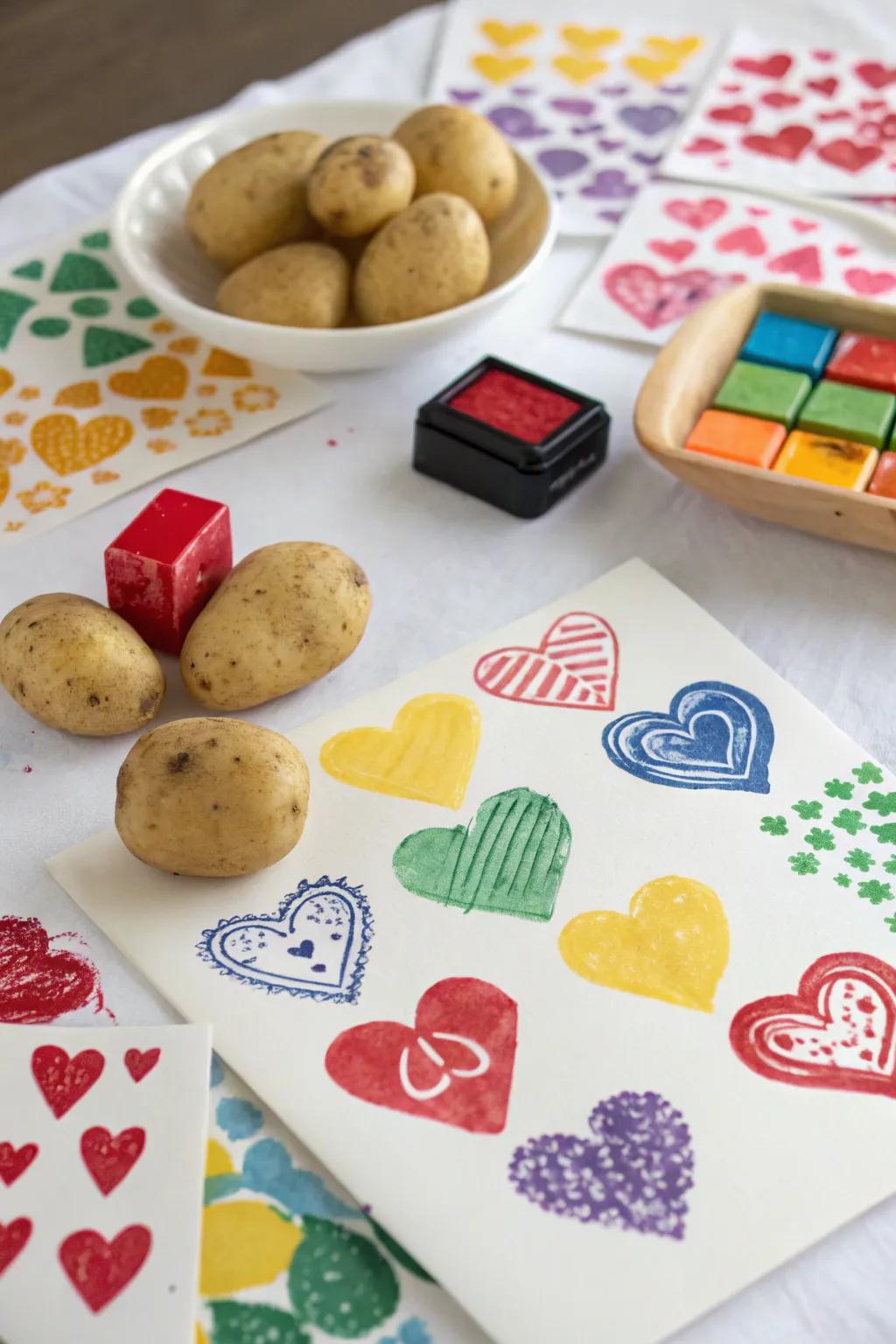 Potato heart stamps creating delightful art.