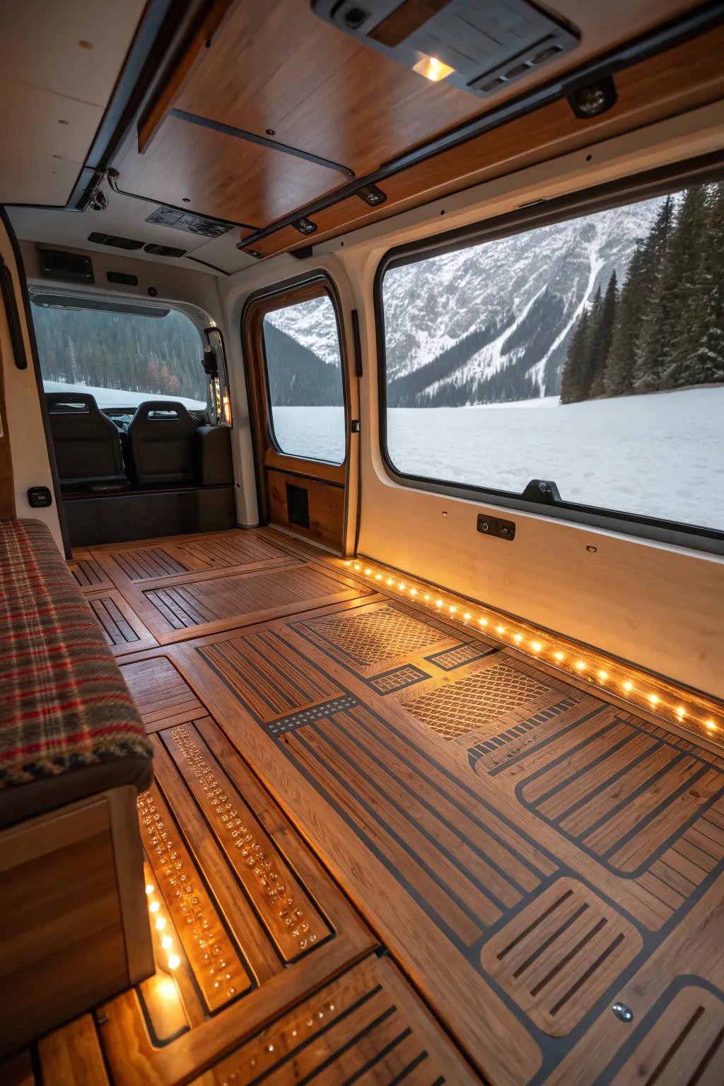 Experience the luxury of heated flooring in your van for the ultimate winter retreat.