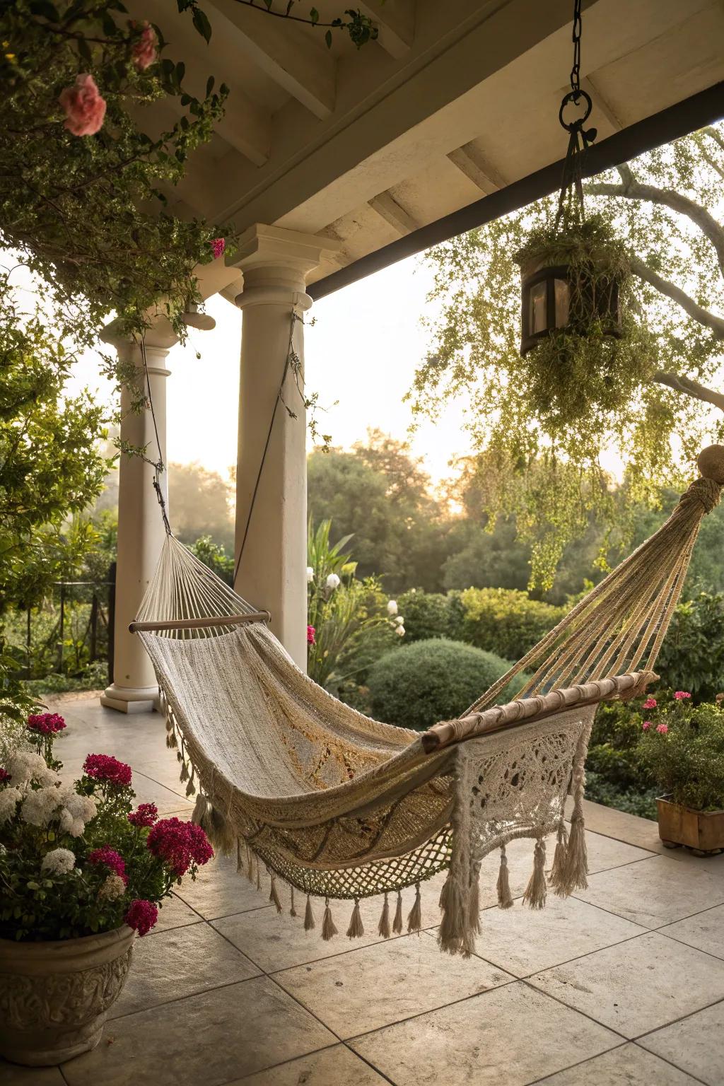 Vintage rope hammock offers a serene spot for relaxation on this patio.