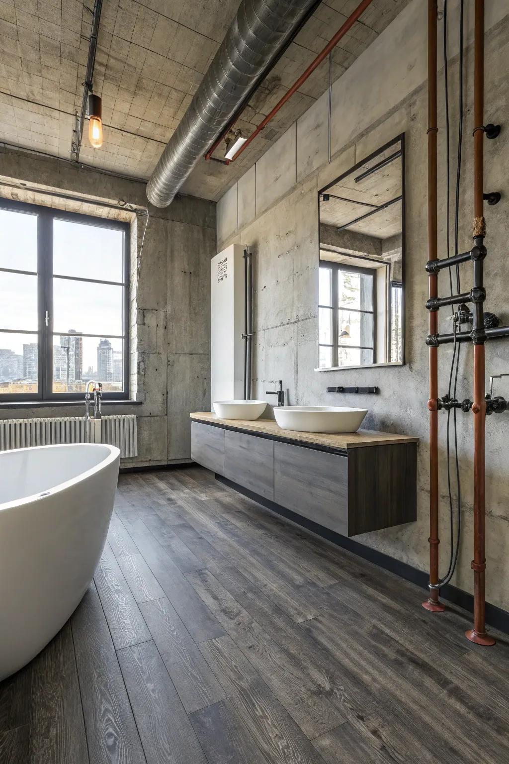 Industrial-style vinyl adds an urban edge to this bathroom.