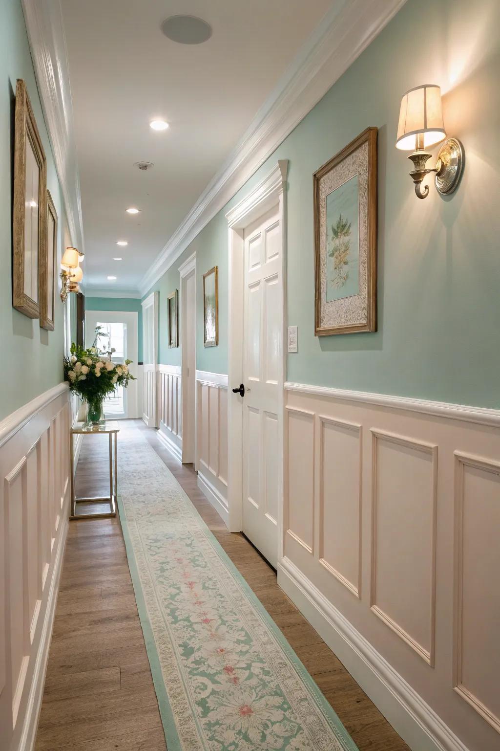 Soft pastels in wainscoting create a soothing and calming hallway.