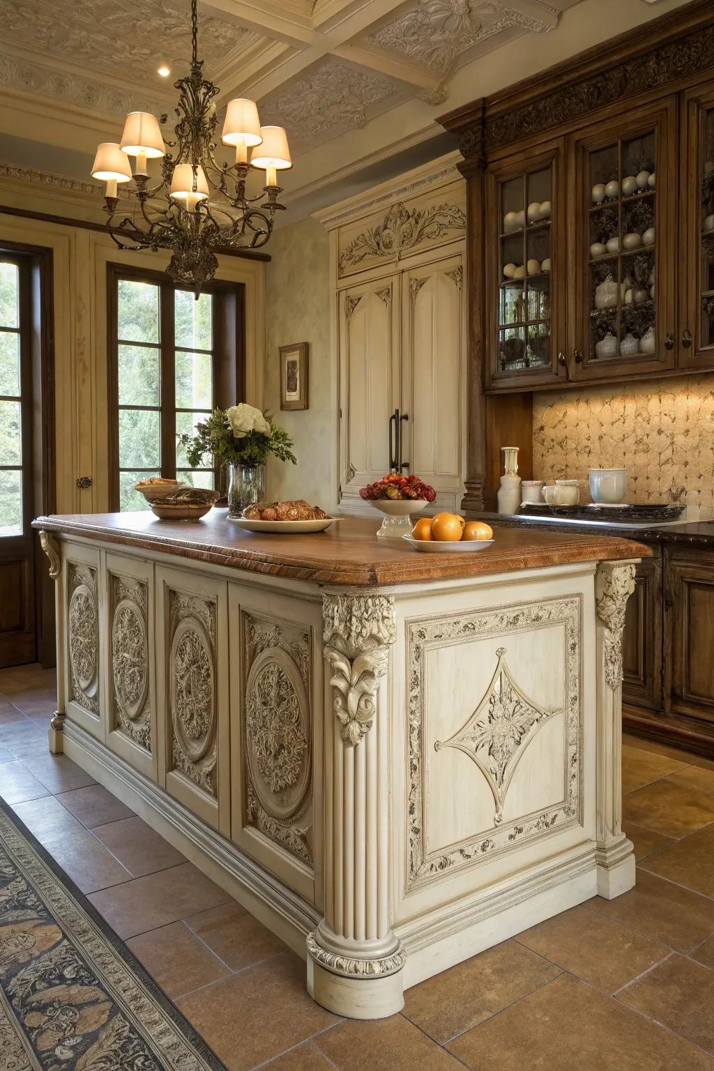 Vintage-style wainscoting evokes nostalgia on this kitchen island.