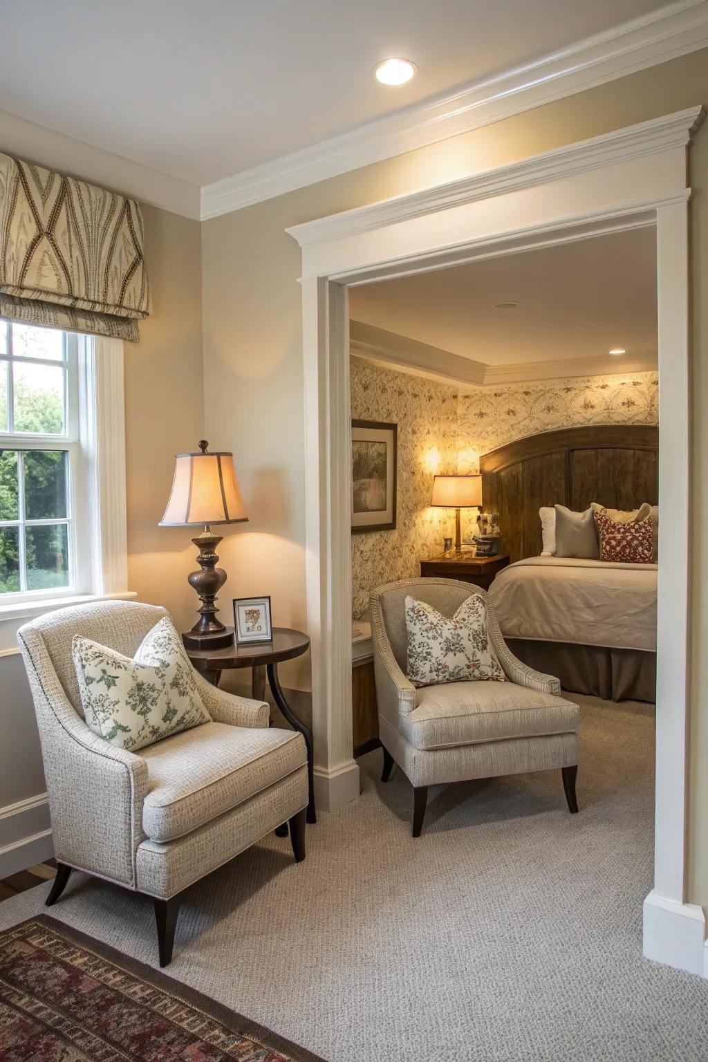 A cozy seating area in a bedroom bump out, perfect for relaxation.