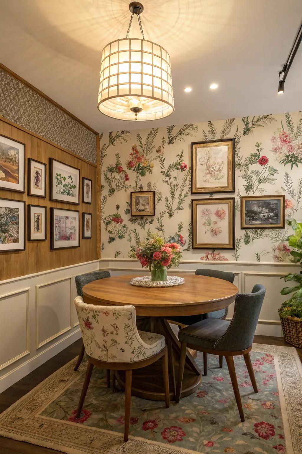 Layered art over floral wallpaper adds sophistication and depth to this dining room.